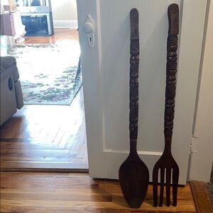 Giant Vintage Wooden Tiki Totem Fork & Spoon Wall Hanging Decor 41 " long